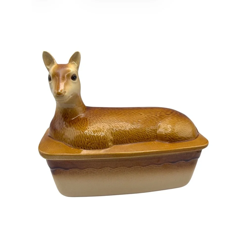 French Vintage Handmade Lidded Deer Terrine Casserole Serving Dish Pâté Dish